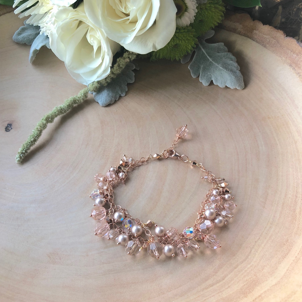 Rose Gold Double Strand Swarovski Crystal and Pearl Multi Drop Bracelet NEW