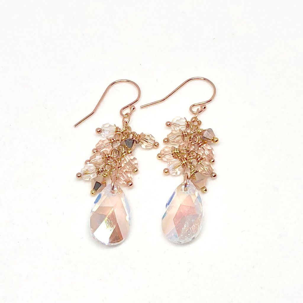 Rose Gold Swarovski Crystal and Pearl Multi-Drop Earrings - Bridal
