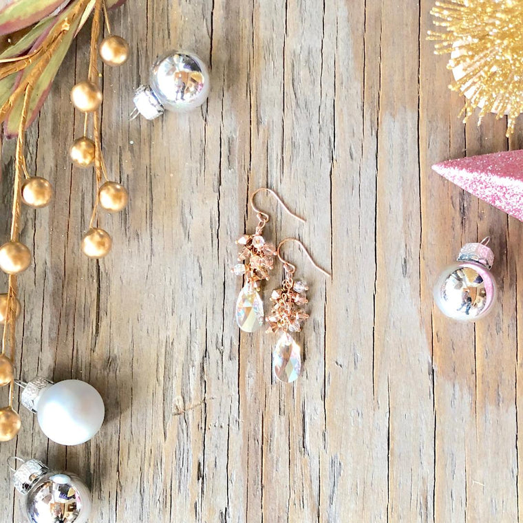 Rose Gold Swarovski Crystal and Pearl Multi-Drop Earrings - Bridal