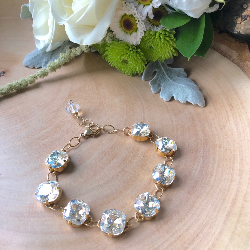 Gold Filled Cushion Cut Moonlight Foiled Swarovski Crystal Link Bracelet NEW