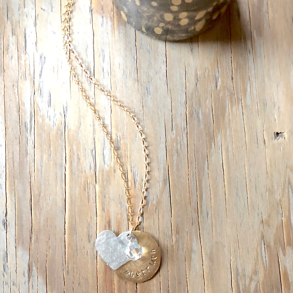 Gold Filled Round Inspirational Charm Necklace with Swarovski Crystal NEW