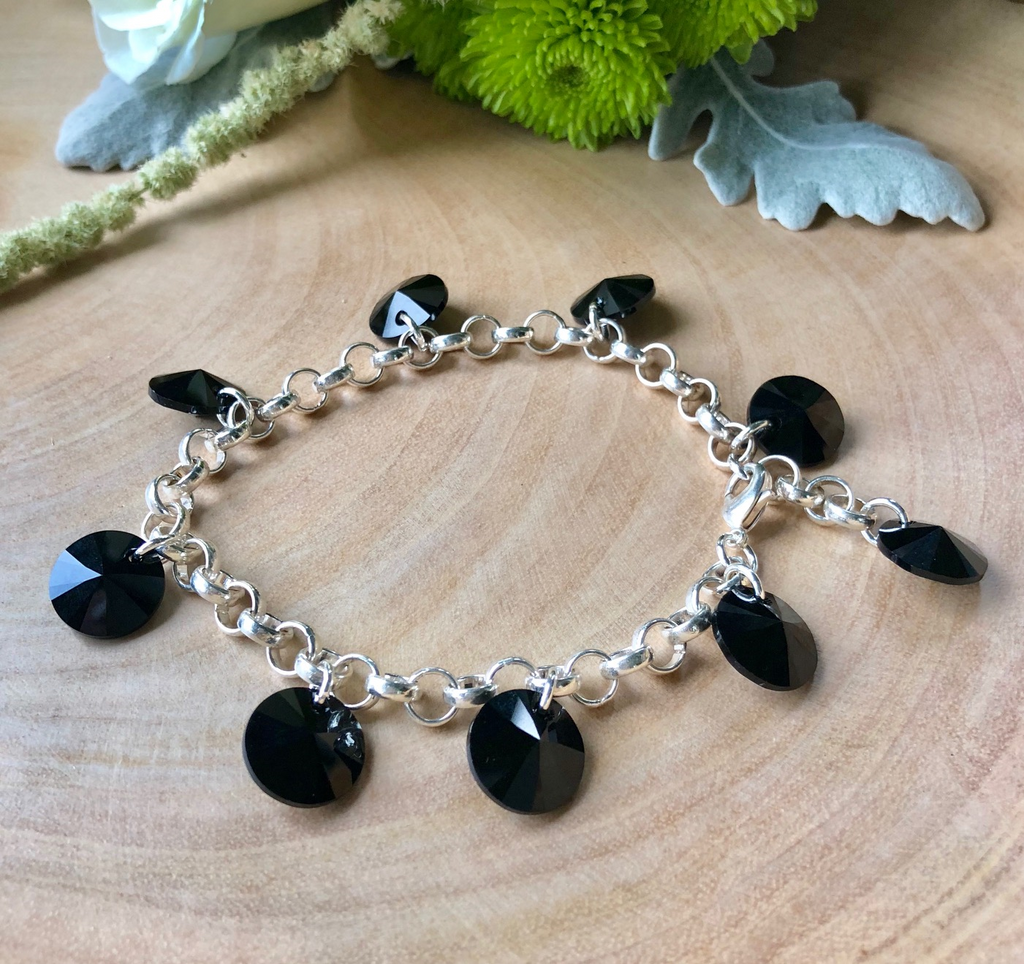 Sterling Silver and Jet Black Swarovski Rivoli Crystal Multi-Drop Bracelet  NEW