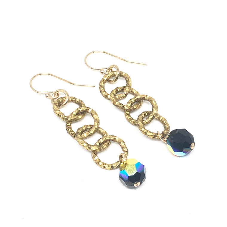 Gold Filled Etched Muli-Loop and Jet AB Swarovski Drop Earrings NEW