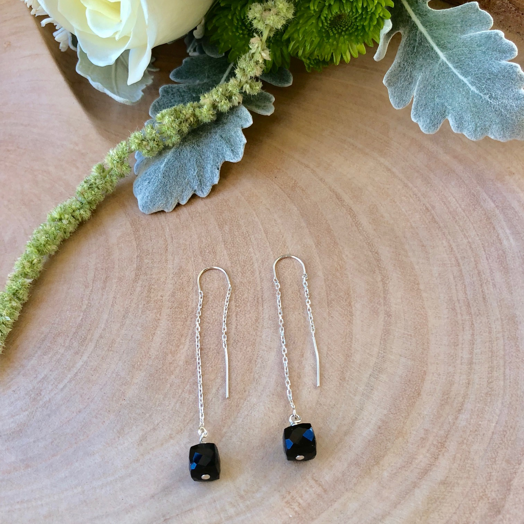 Sterling Silver and Black Onyx Cube Long Drop Earrings NEW