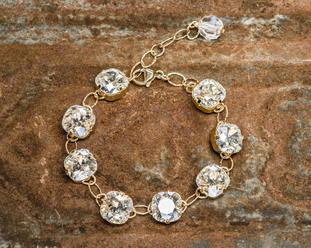 Gold Filled Cushion Cut Moonlight Foiled Swarovski Crystal Link Bracelet
