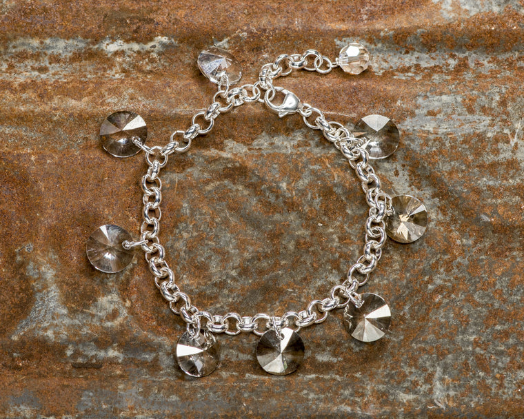 Sterling Silver Single Strand Silver Shade Swarovski Crystal Rivoli Drop Bracelet