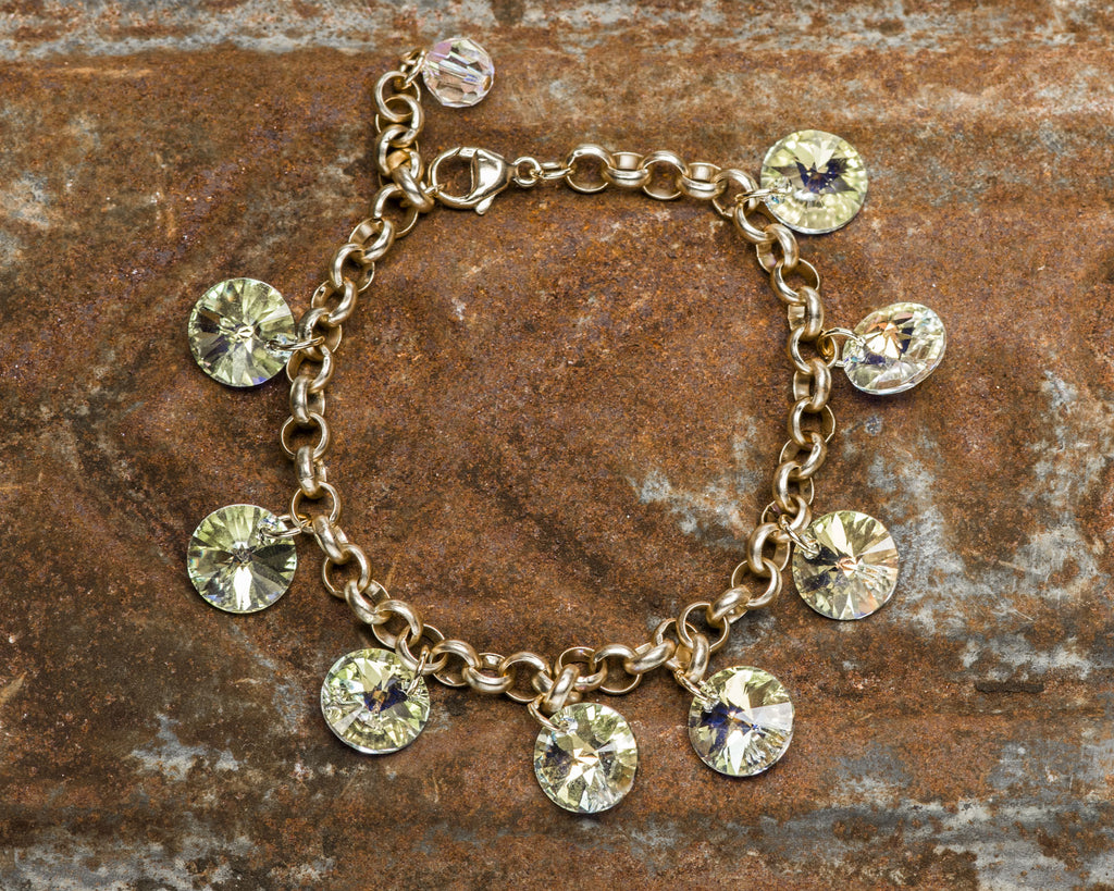 Gold Filled Single Strand Clear Ab Swarovski Crystal Rivoli Drop Bracelet