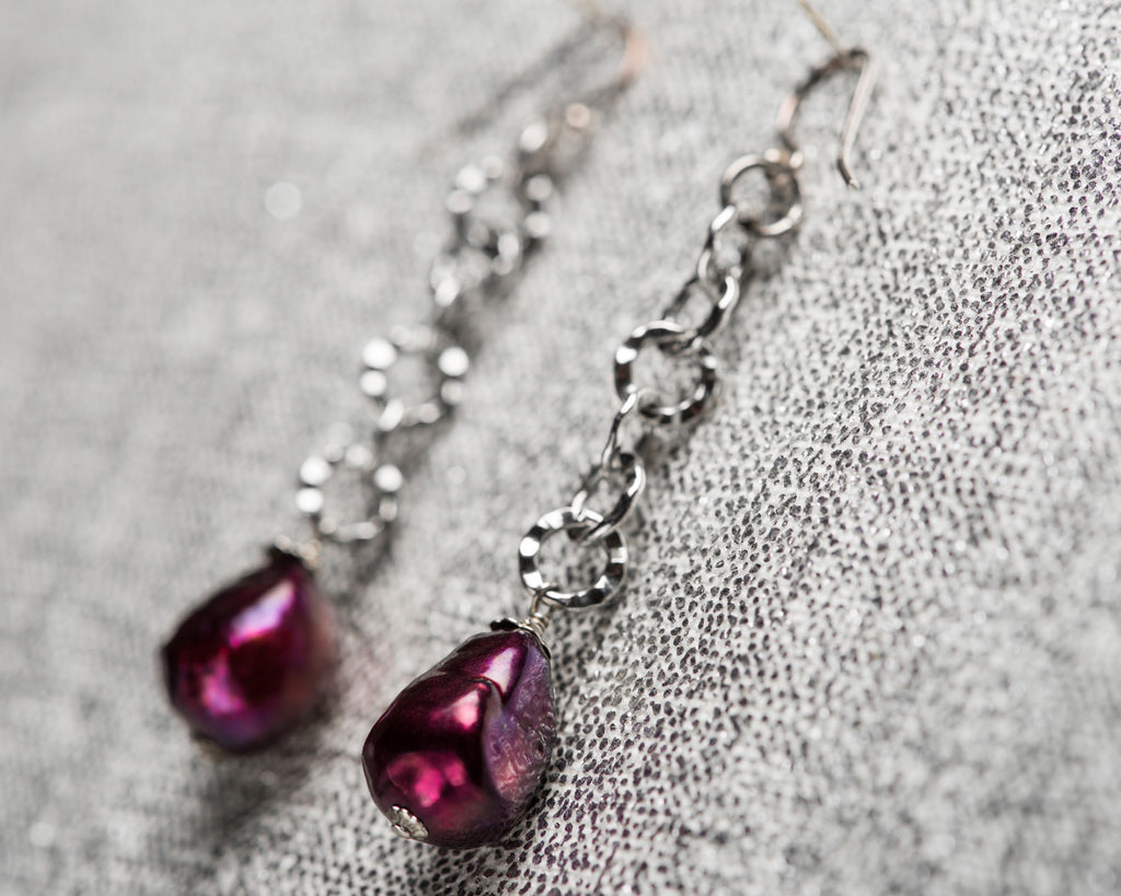 Life Bejeweled Black Cherry Baroque Pearl Long Chain Drop Earrings