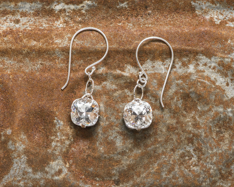 Sterling Silver Cushion Cut Swarovski Crystal Drop Earrings