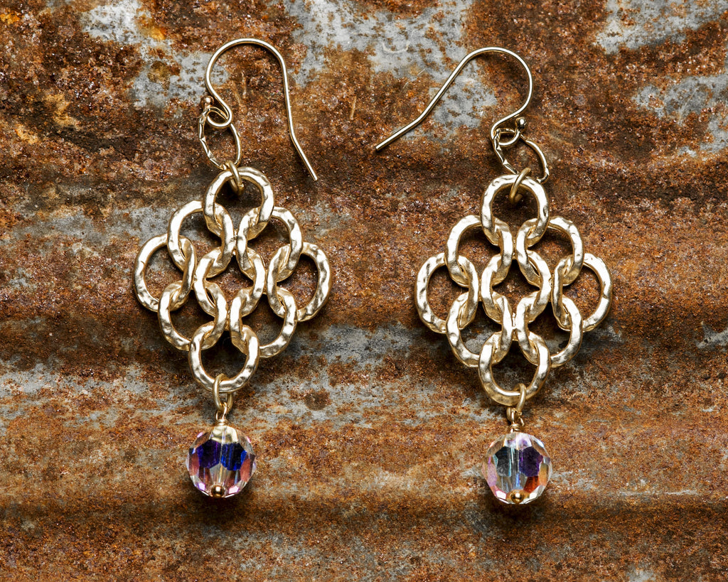 Brushed Gold Diamond Ovals With Swarovski Crystal Drop Earrings NEW