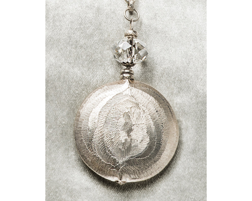Life Bejeweled Medium Brushed Metal Disc and Swarovski Crystal Necklace Detail
