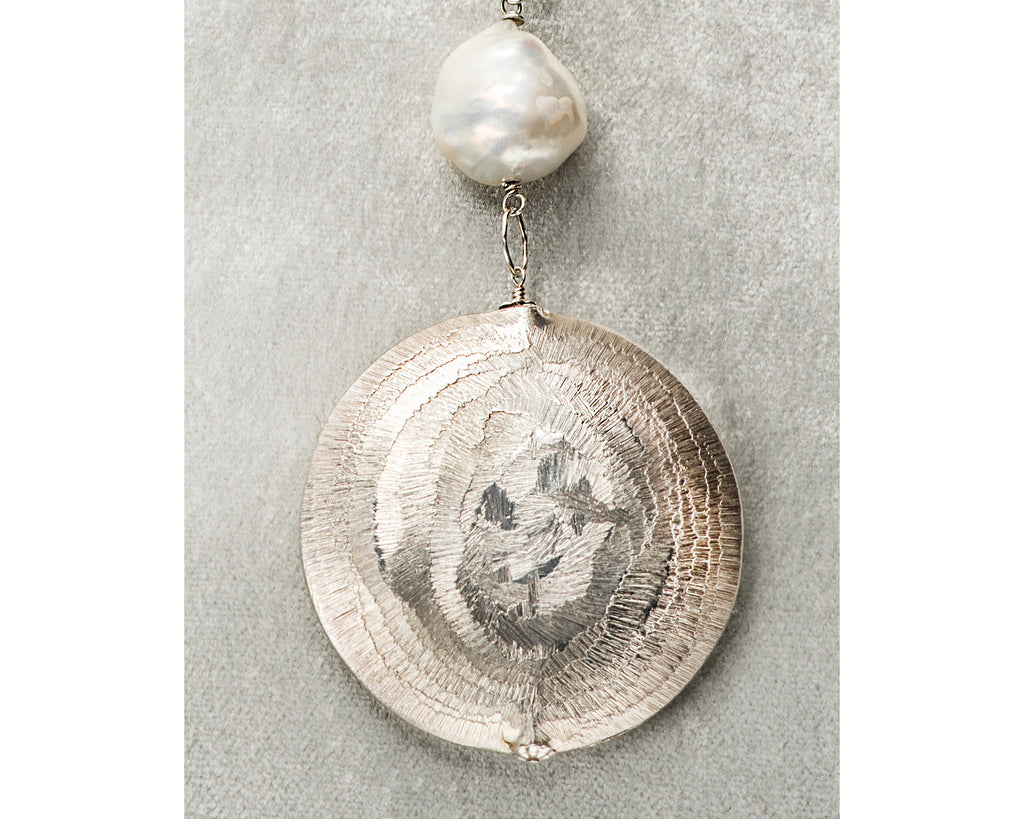 Life Bejeweled Medium Silver Disc and Baroque Pearl Necklace Disc Detail