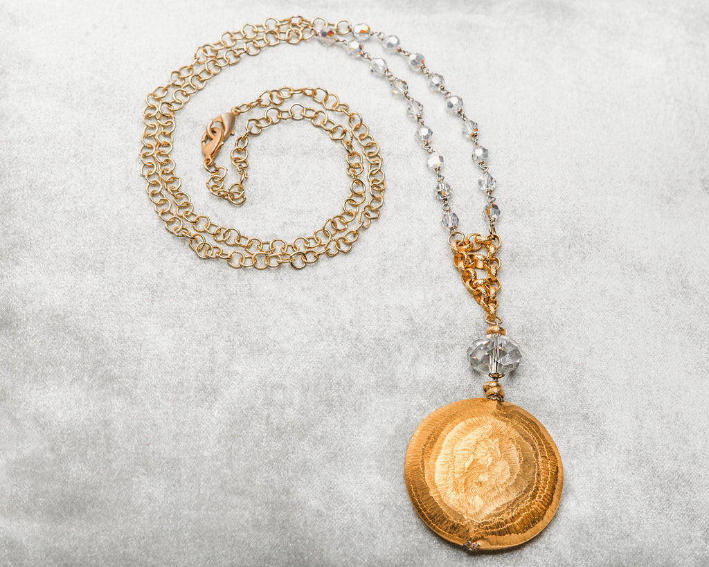Life Bejeweled Medium Brushed Metal Disc and Swarovski Crystal Necklace
