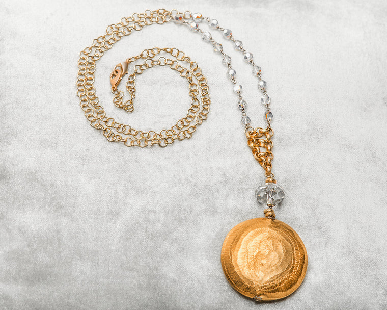 Life Bejeweled Medium Brushed Metal Disc and Swarovski Crystal Necklace
