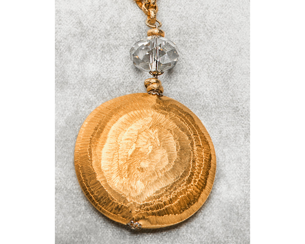 Life Bejeweled Medium Brushed Metal Disc and Swarovski Crystal Necklace Disc Detail