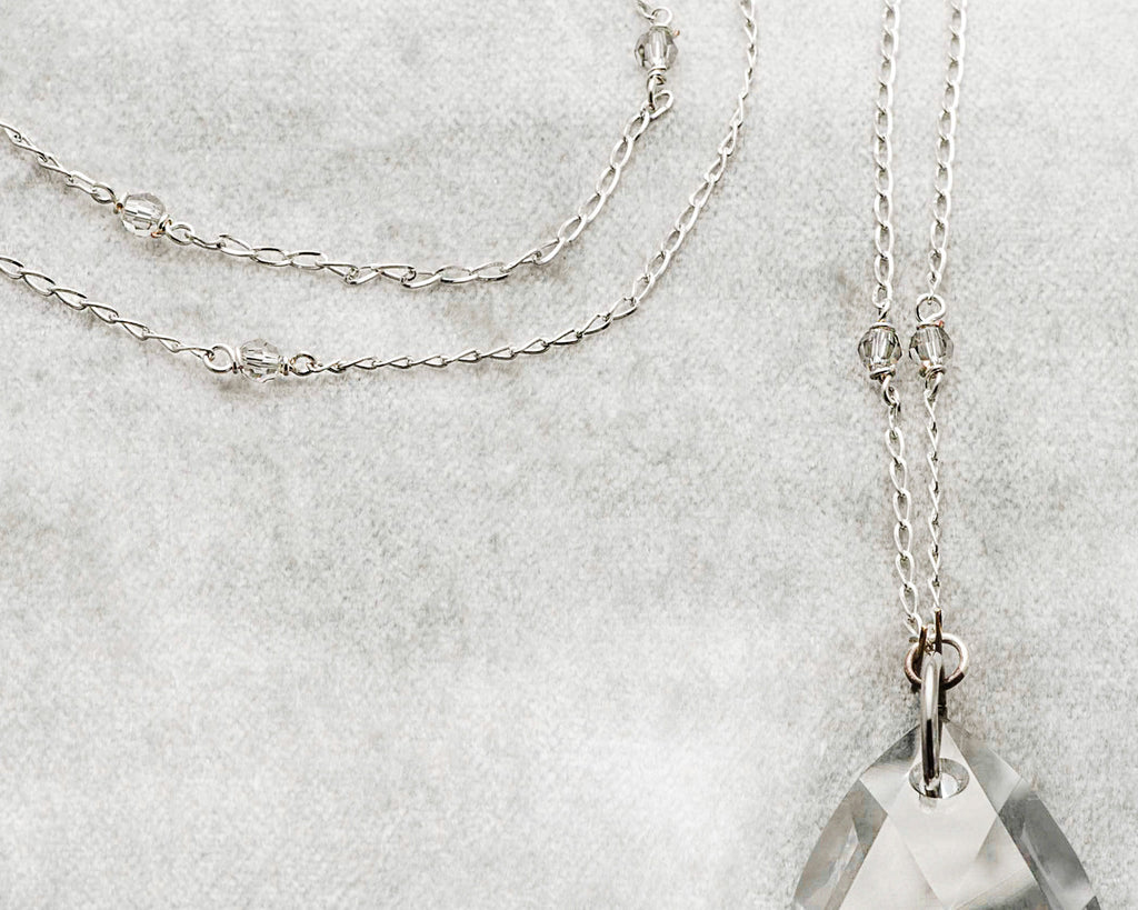 Life Bejeweled Clear Swarovski Crystal Tear Drop Pendant 36" Necklace Chain Detail