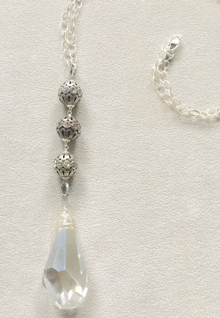 Long Pendant Swarovski Crystal Large Silver Shade with Pave Beads necklace