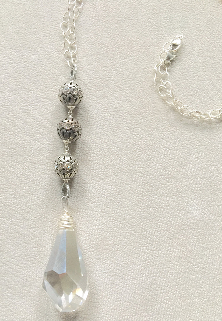 Long Pendant Swarovski Crystal Large Silver Shade with Pave Beads necklace