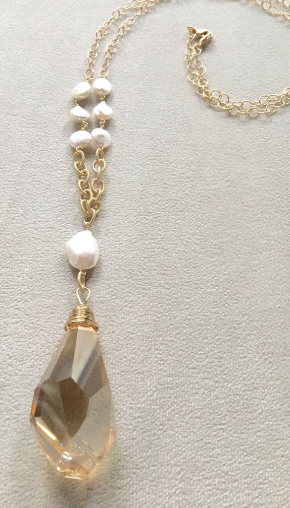Long Pendant Swarovski Crystal Large Teardrop Gold Filled Necklace