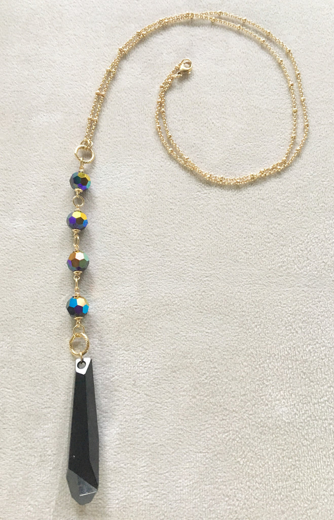 Long Pendant Swarovski Crystal Jet Icicle Gold Filled Necklace