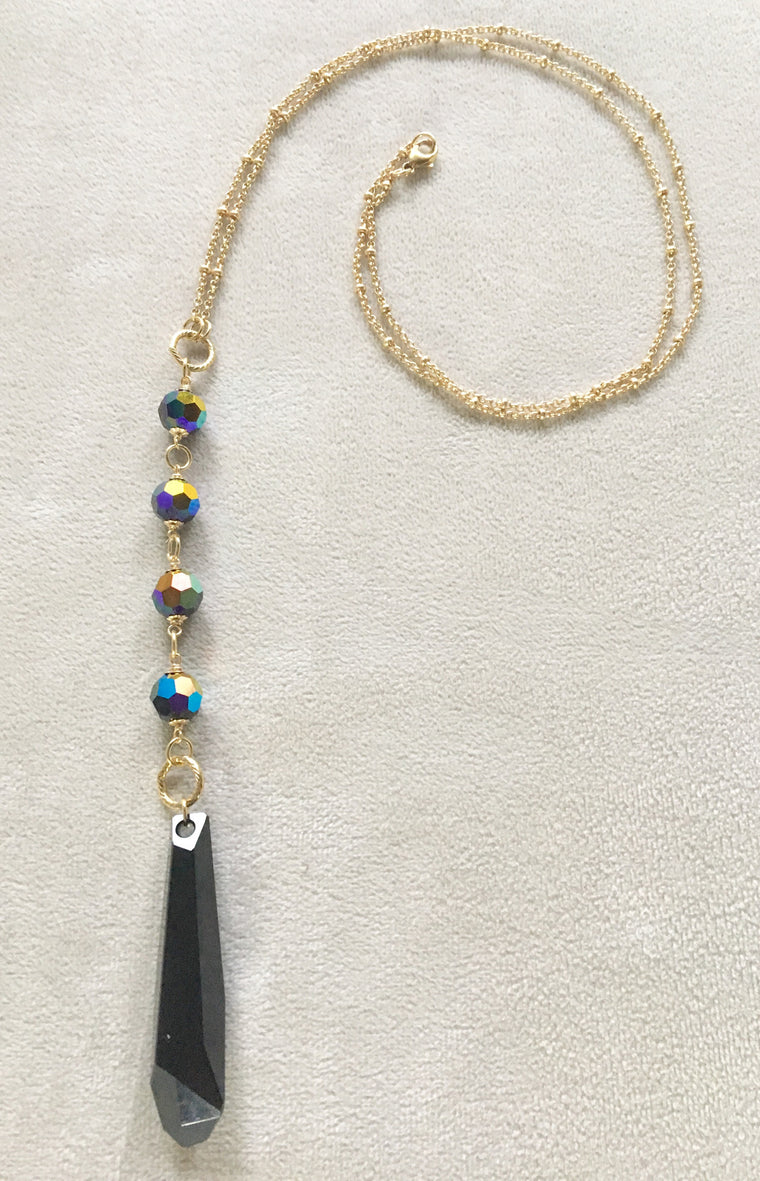Long Pendant Swarovski Crystal Jet Icicle Gold Filled Necklace