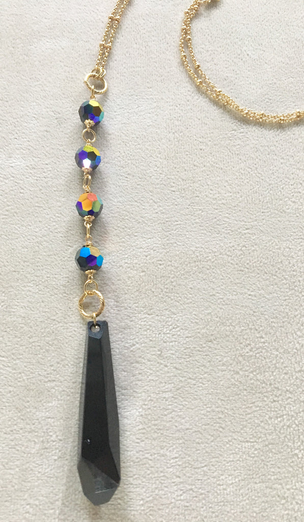 Long Pendant Swarovski Crystal Jet Icicle Gold Filled Necklace