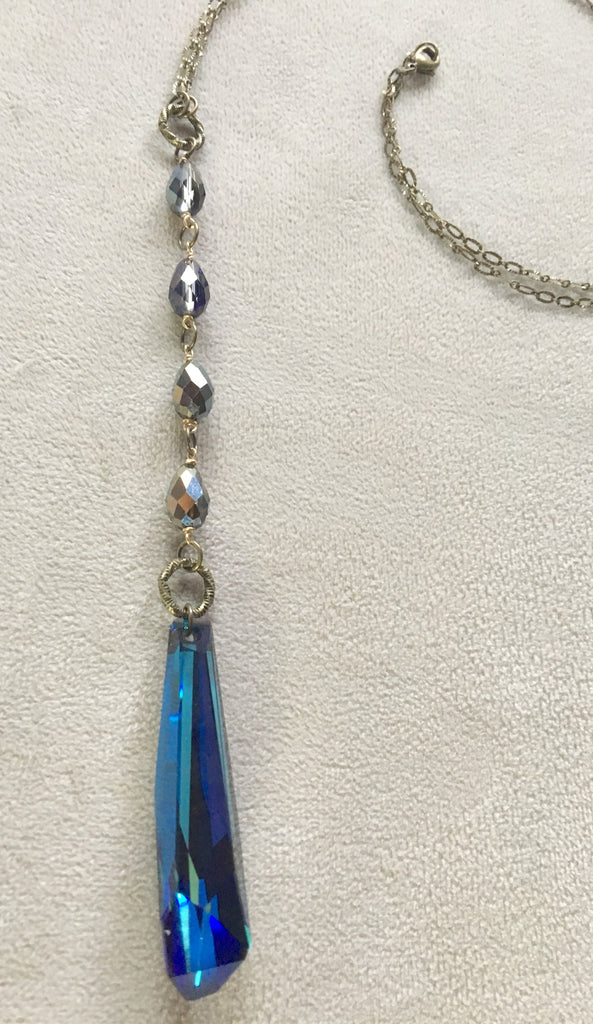 Long Pendant Blue Purple Swarovski Crystal Antique Brass Necklace