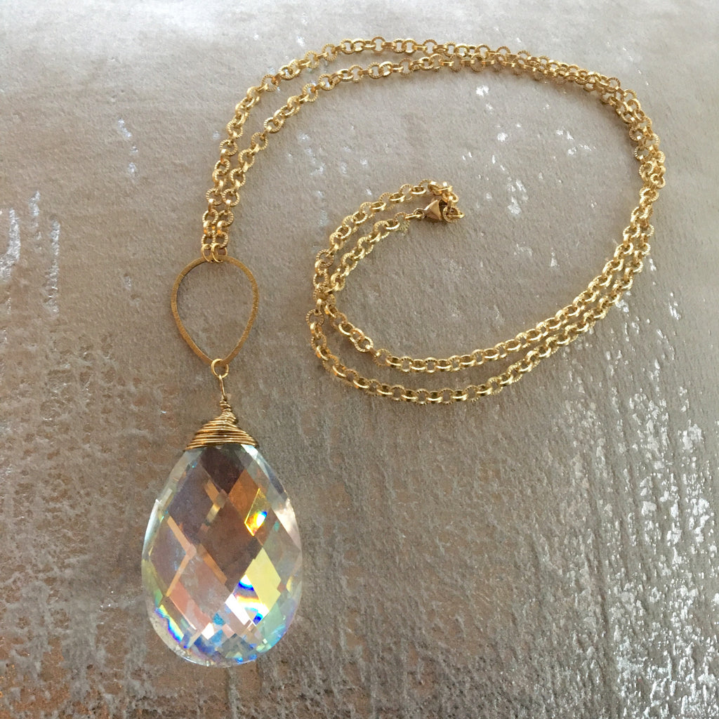 Long Pendant Large Crystal Gold Filled Necklace