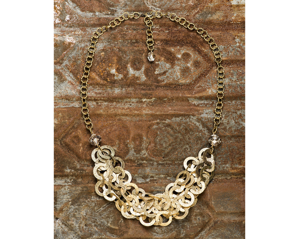 Gold Filled Multi Strand Etched Loop And Silver Shade Swarovski Crystal Necklace