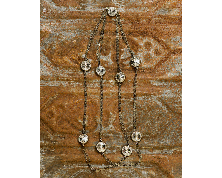 Long Antique Brass 12mm Silver Shade Swarovski Crystal Channel Link Necklace