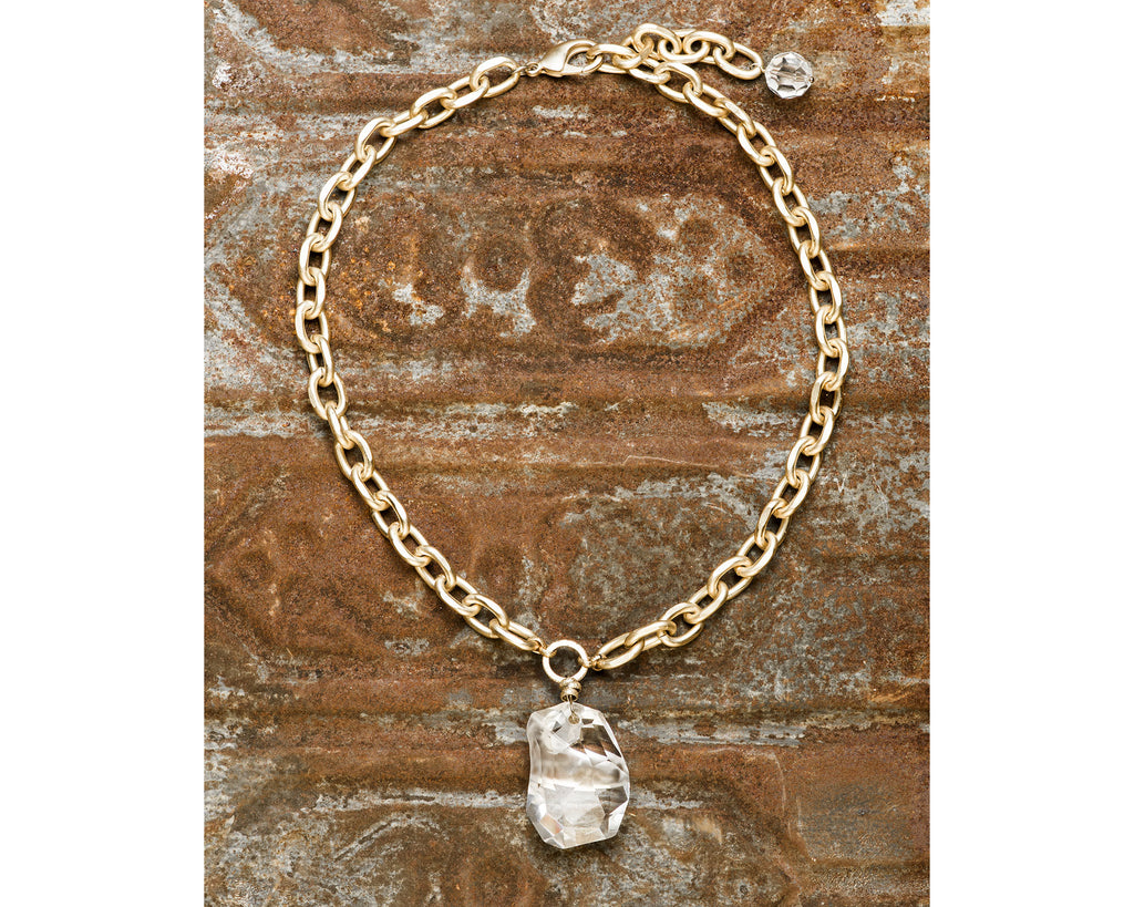 Bright Gold Thick Loop Chain With Large Clear Swarovski Nugget Crystal