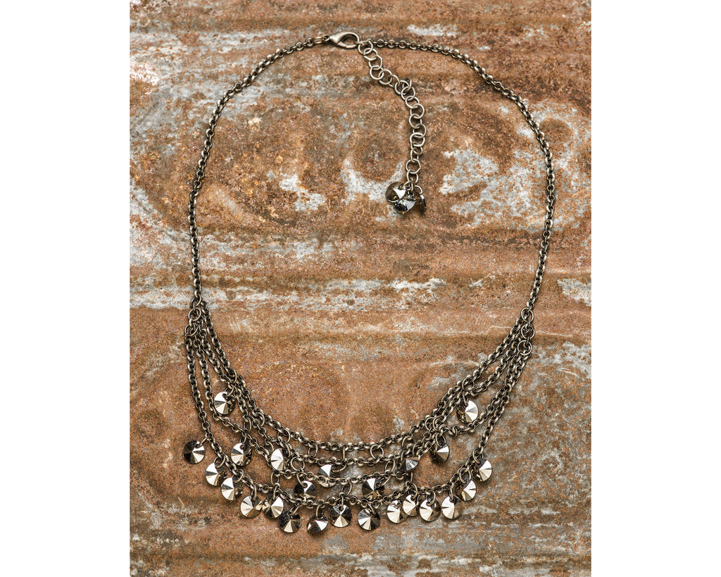 Antique Brass Multi-Strand Necklace With Bronze Swarovski Crystals Rivoli Drops