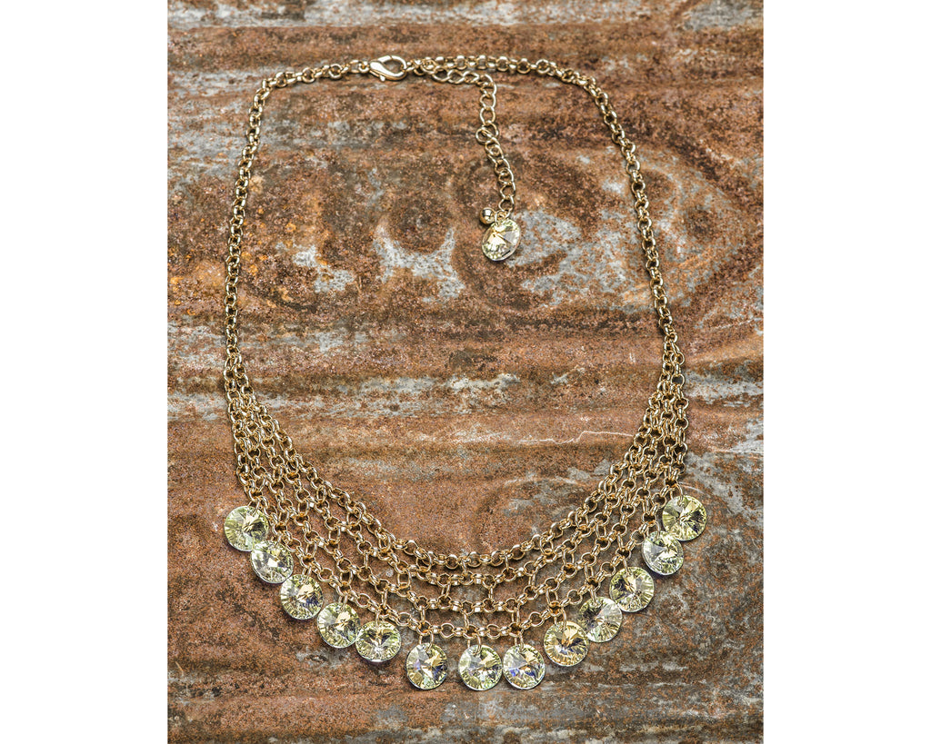 Gold Filled Multi-Strand Chainmaille Necklace With Clear Ab Swarovski Crystal Rivoli Drops