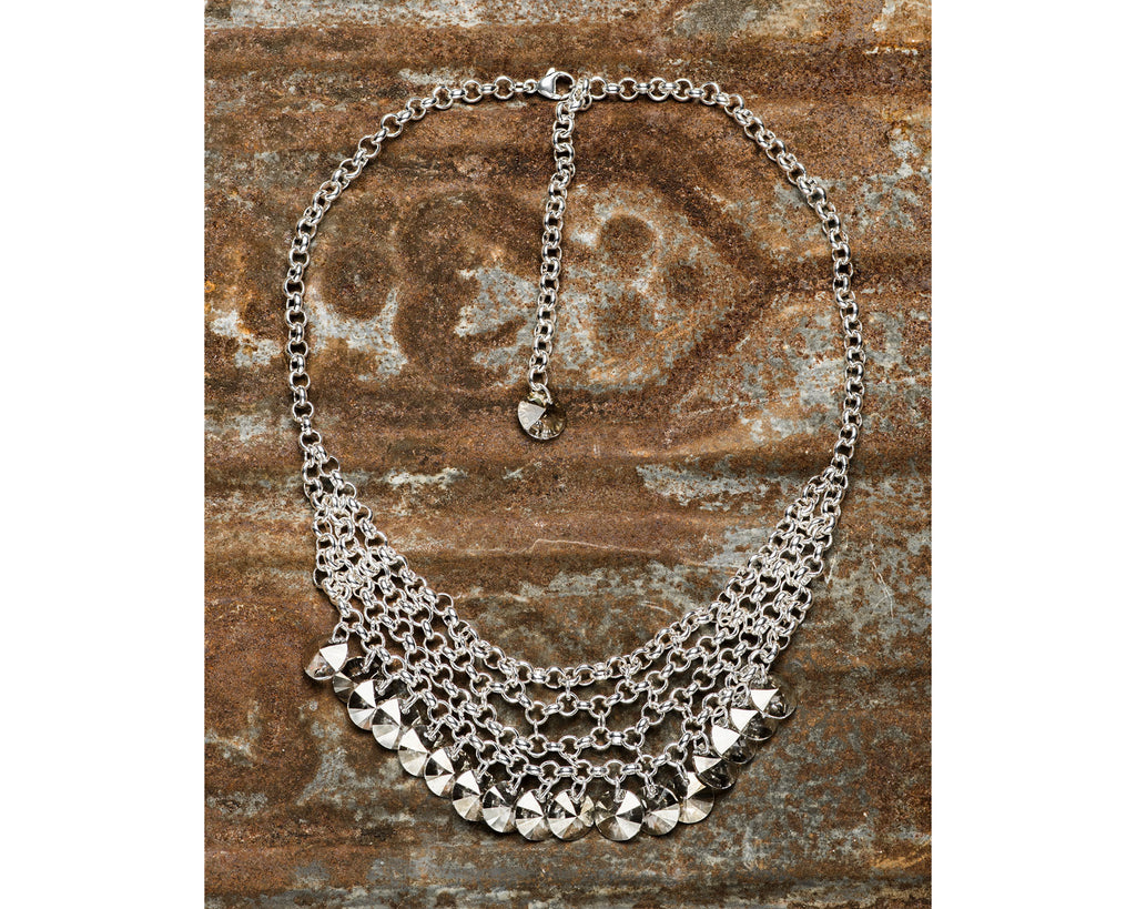 Sterling Silver Multi-Strand Chainmaille Necklace With Silver Shade Swarovski Crystal Rivoli Drops