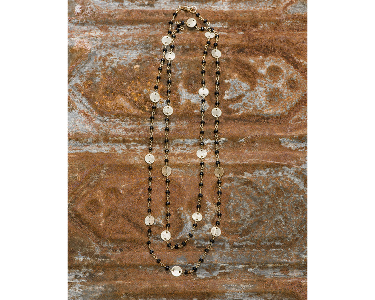 Gold Filled Disc And Black Swarovski Crystal Long Necklace