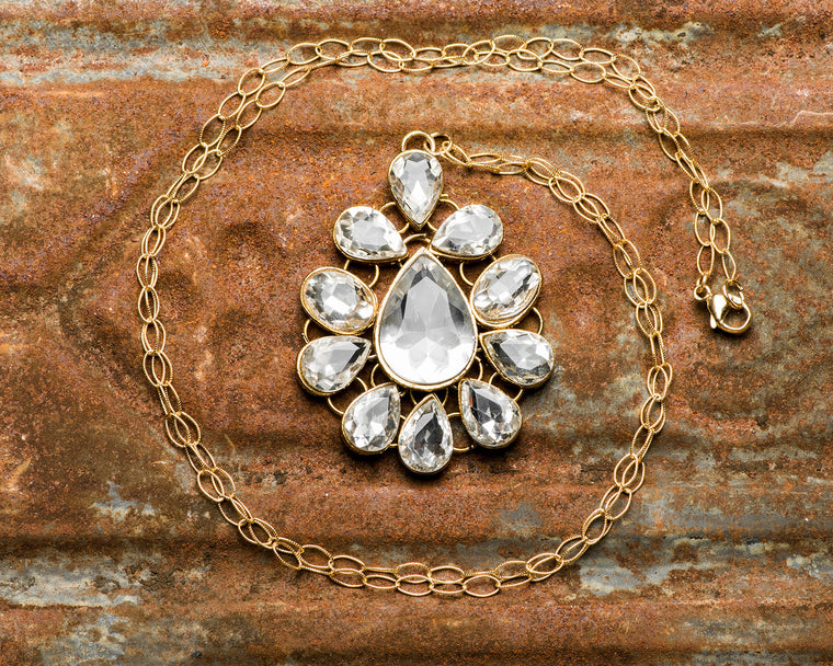 Gold Filled Multi Crystal Link Teardrop Pendant Necklace