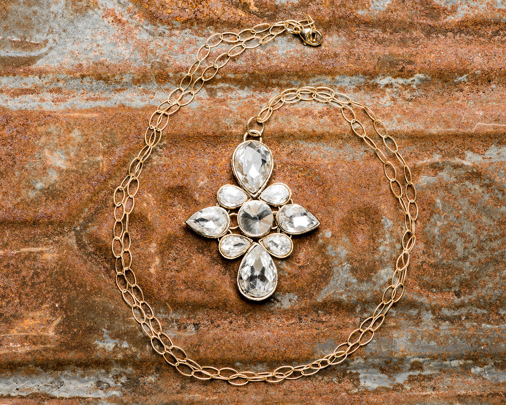 Gold Filled Multi Crystal Link Floral Pendant Necklace