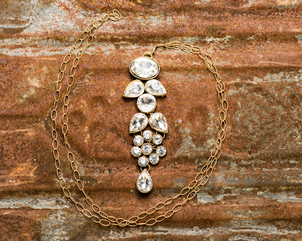 Gold Filled Multi Crystal Link Long Drop Pendant Necklace