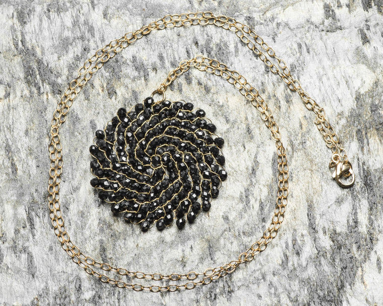 Gold Filled Jet Black Swarovski Crystal Woven Round Pendant Necklace
