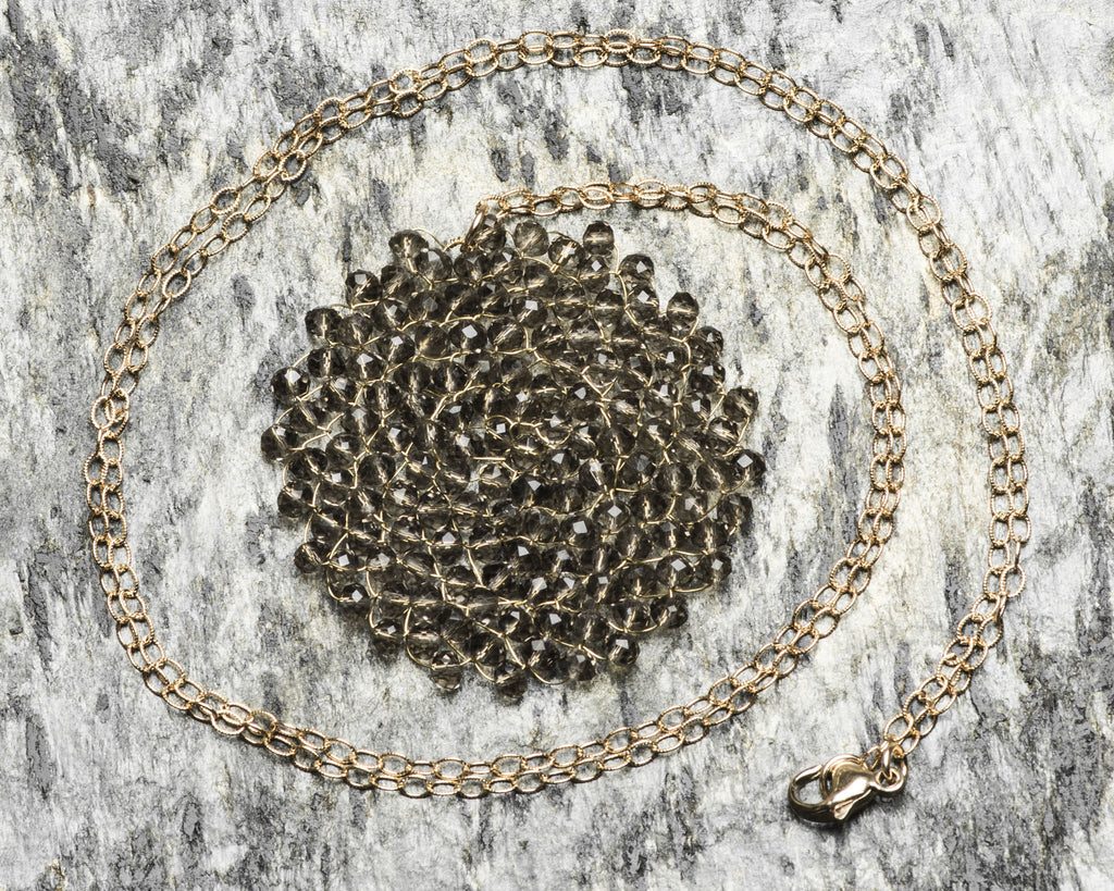Gold Filled Charcoal Swarovski Crystal Woven Round Pendant Necklace