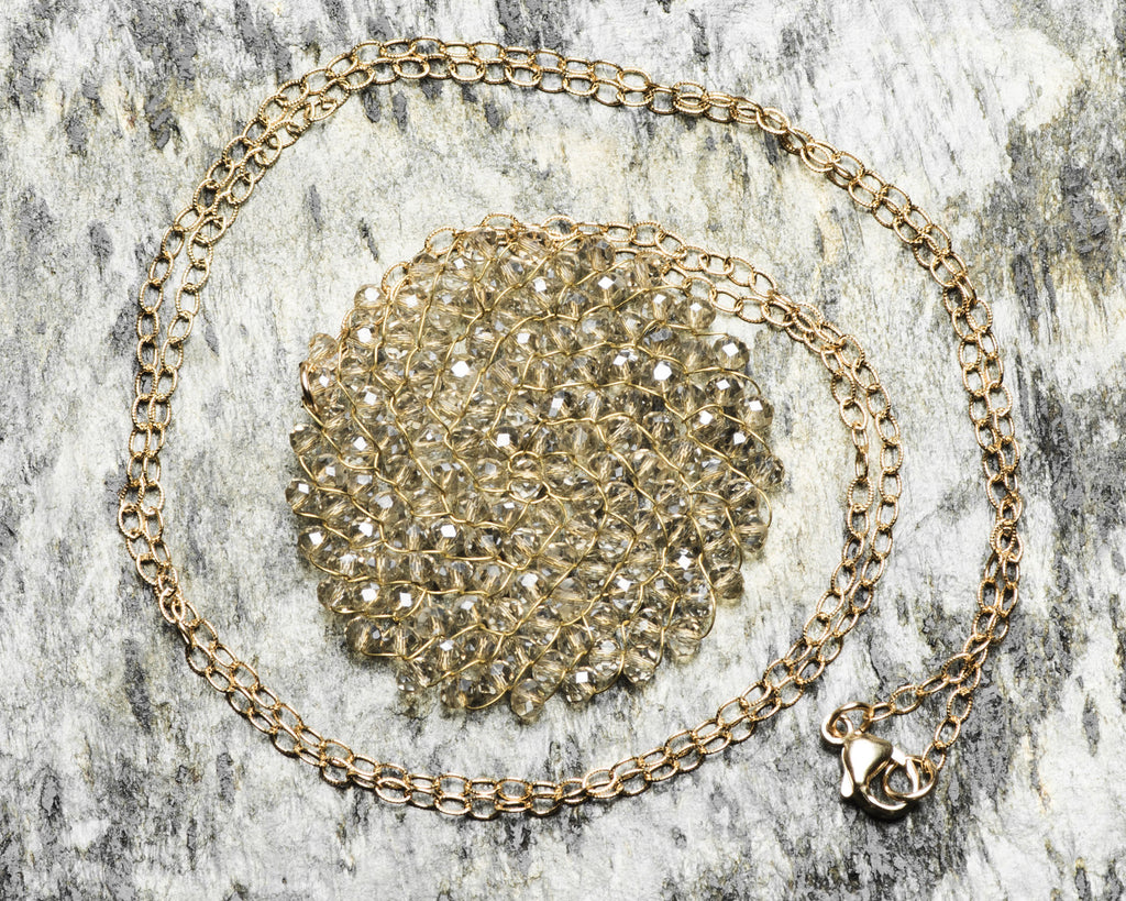 Gold Filled Light Silver Swarovski Crystal Woven Round Pendant Necklace
