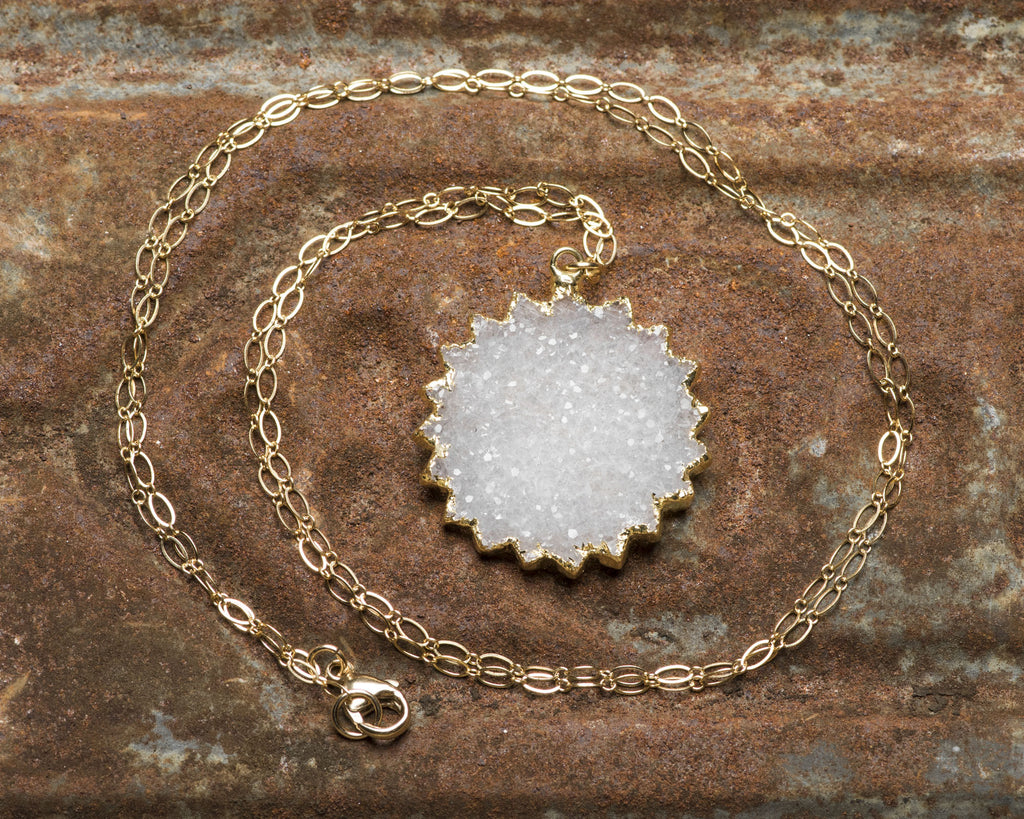 Gold Filled Winter White Sun/Snowflake Druzy Pendant Necklace