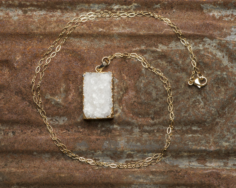 Gold Filled Winter White Rectangle Druzy Pendant Necklace