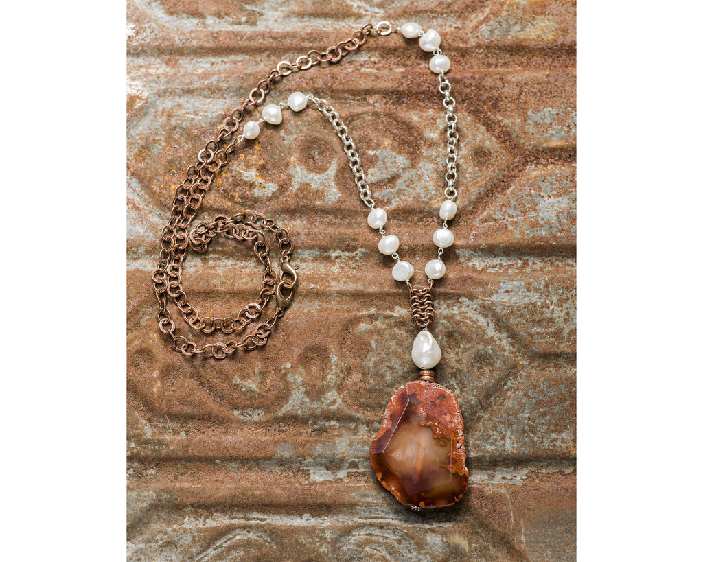Copper And Sterling Silver Link Pearl And Carnelian Pendant Necklace