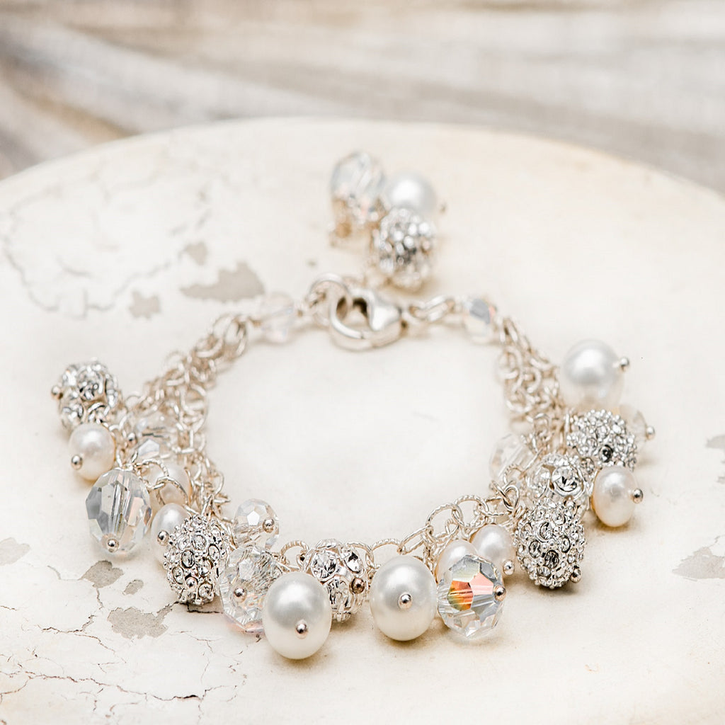 Signature Bridal Tri-Strand Swarvoski Crystal & Pearl Cluster Drop Bracelet  NEW