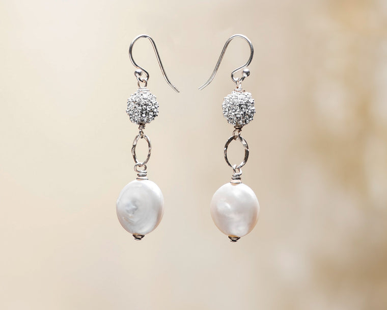 Pave Crystal and Coin Pearl Earrings