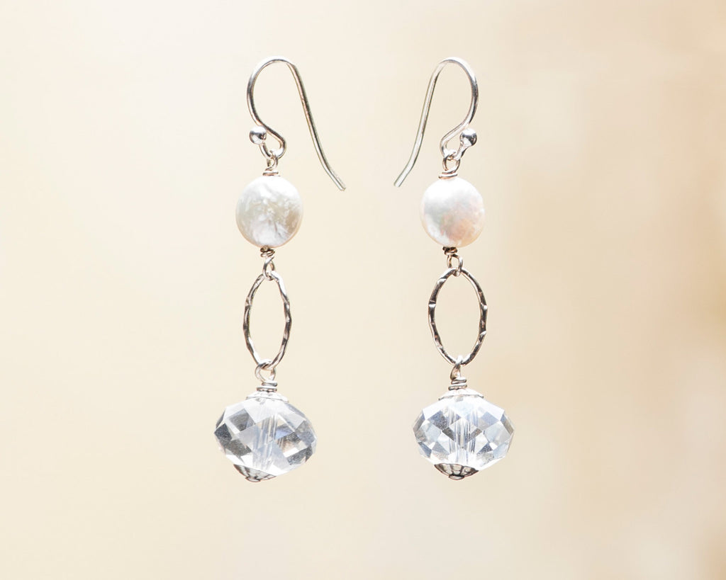 Crystal Rondelle and Coin Pearl Earrings