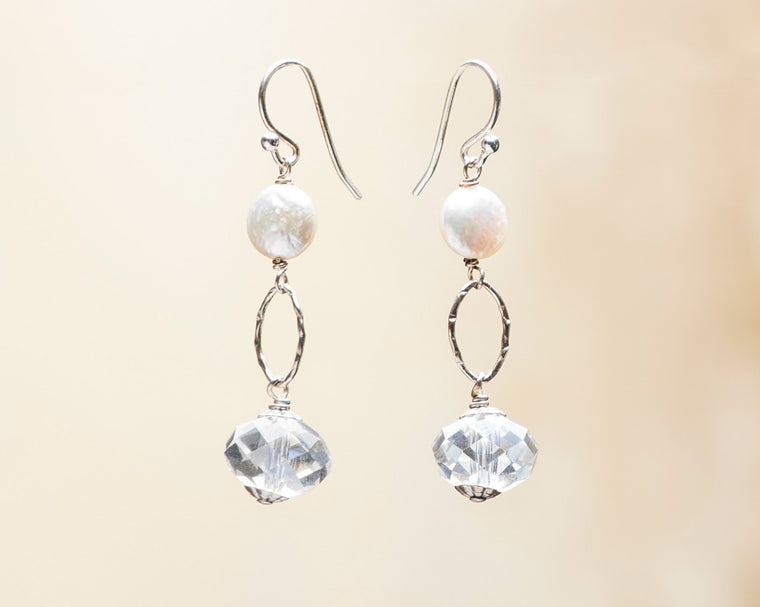 Crystal Rondelle and Coin Pearl Earrings
