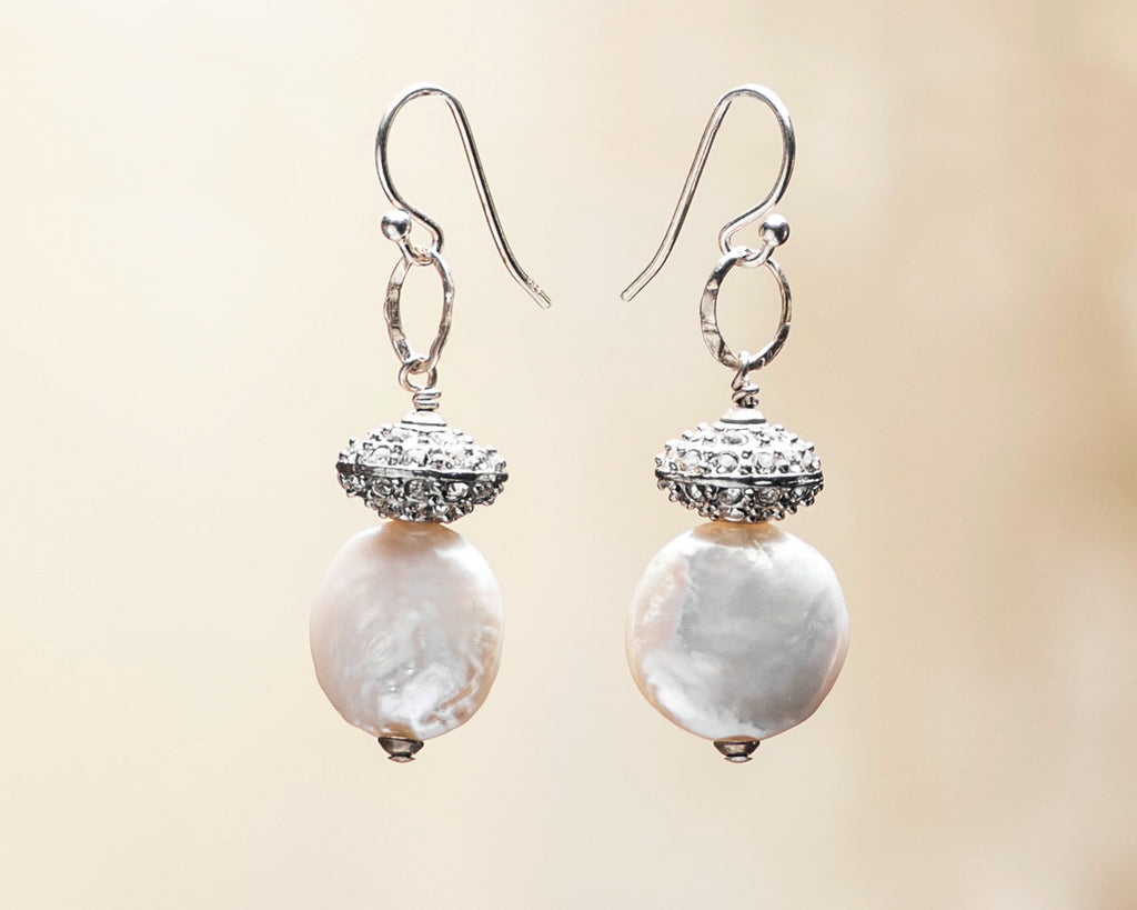 Crystal Pave Rondelle and Coin Pearl Earrings