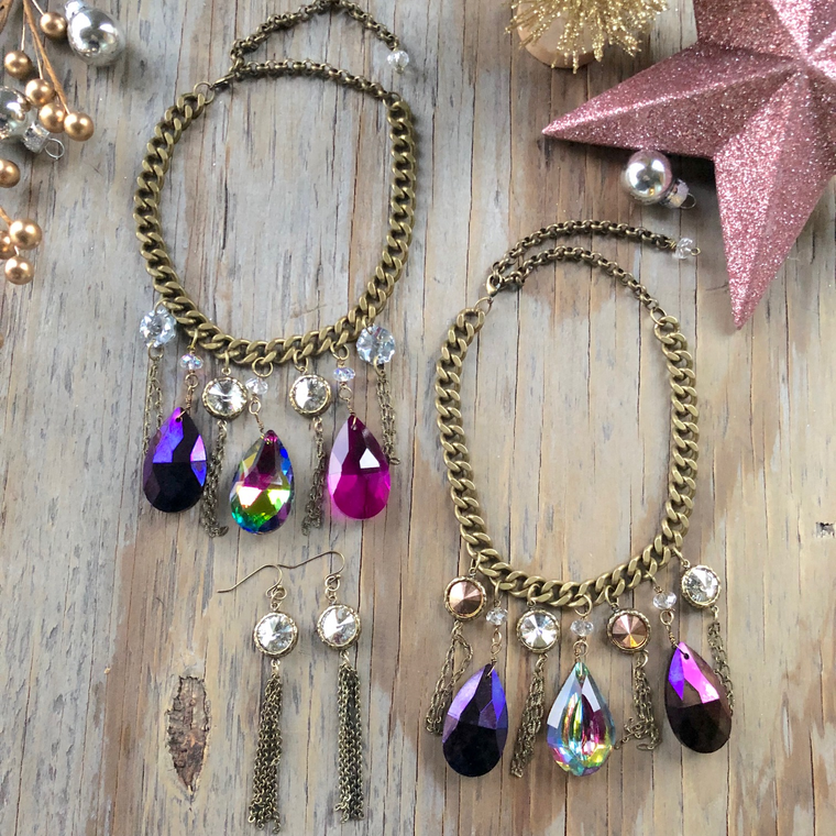 Shabby Chic Chunky Chain Choker with Multi-Color Crystal Drops  NEW